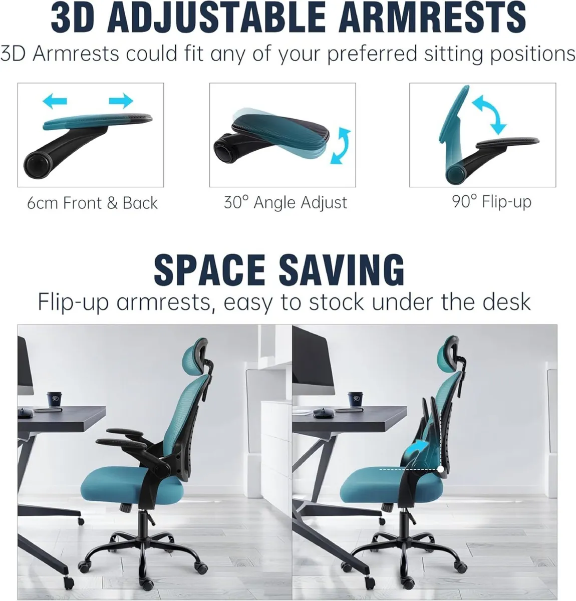 Office Chair with Headrest Mesh Desk Flip-up - Image 4