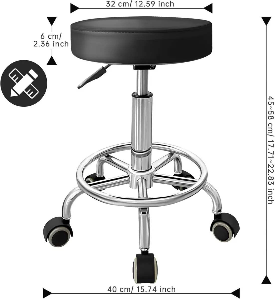 PU Leather Rolling Stool with Foot Rest Round - Image 3