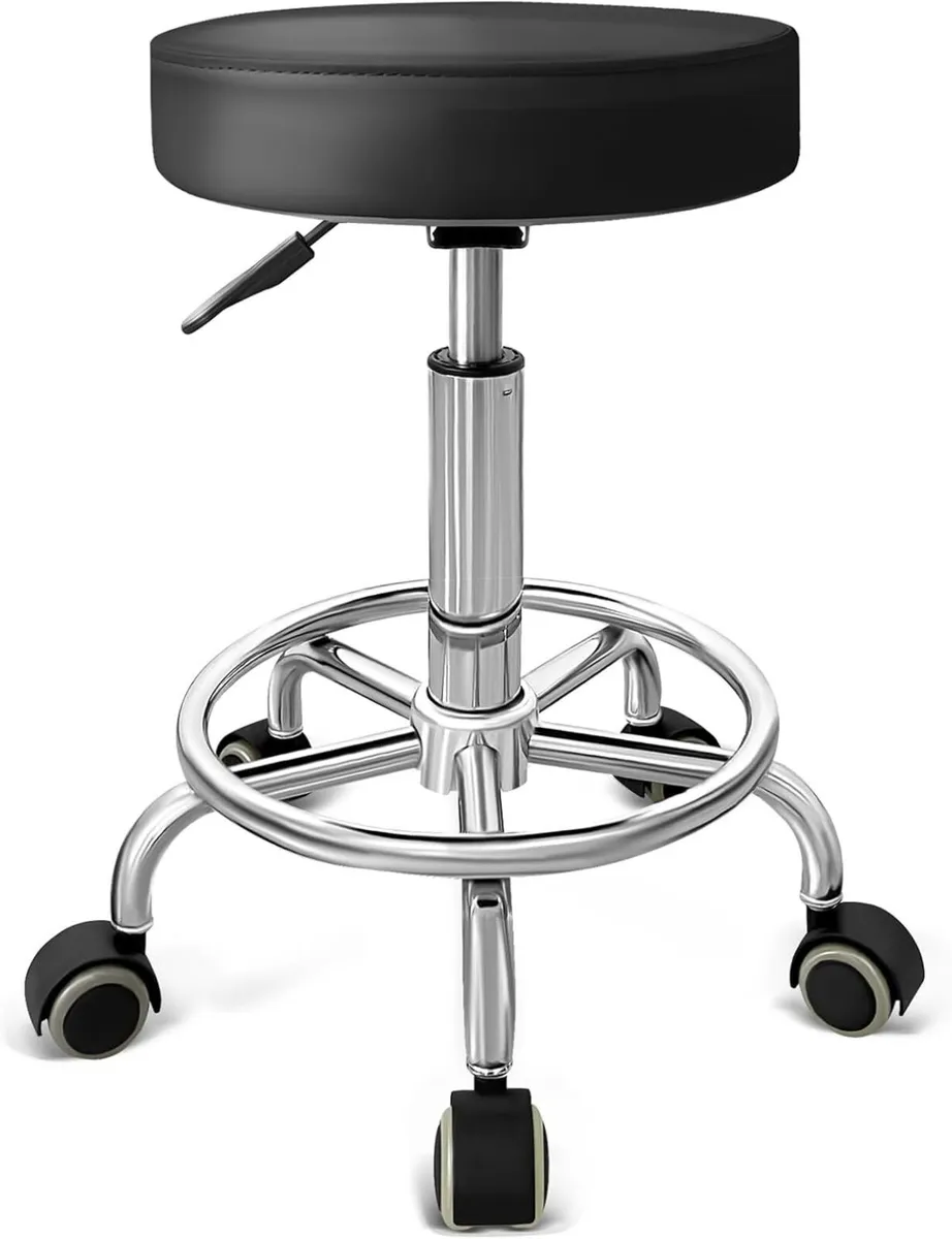 PU Leather Rolling Stool with Foot Rest Round - Image 1