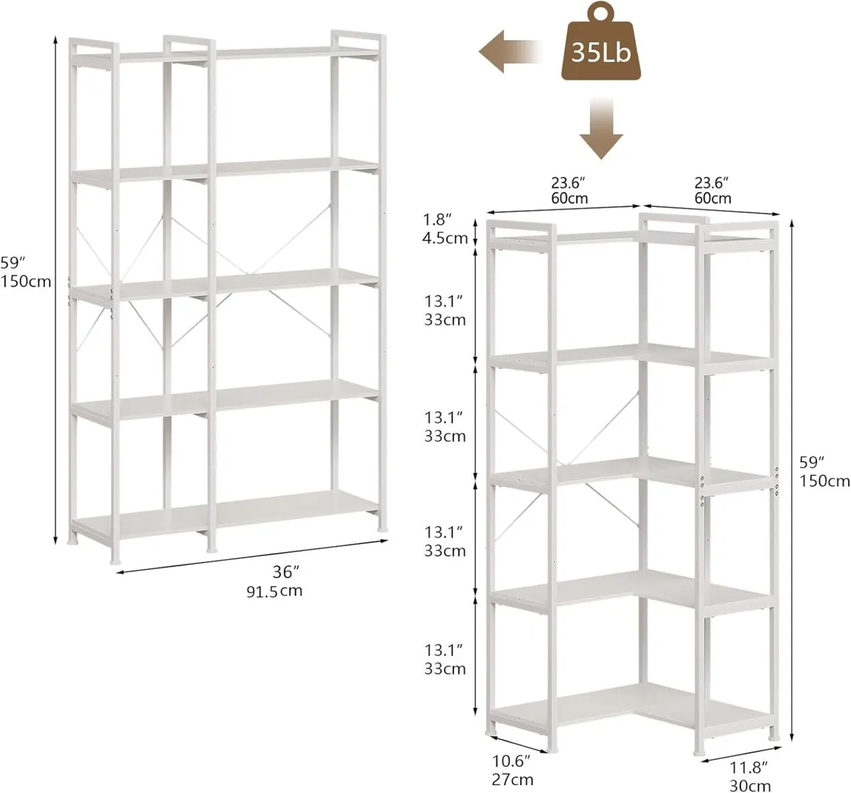 5 Tiers Corner Bookcases L Shaped Bookshelves - Image 2