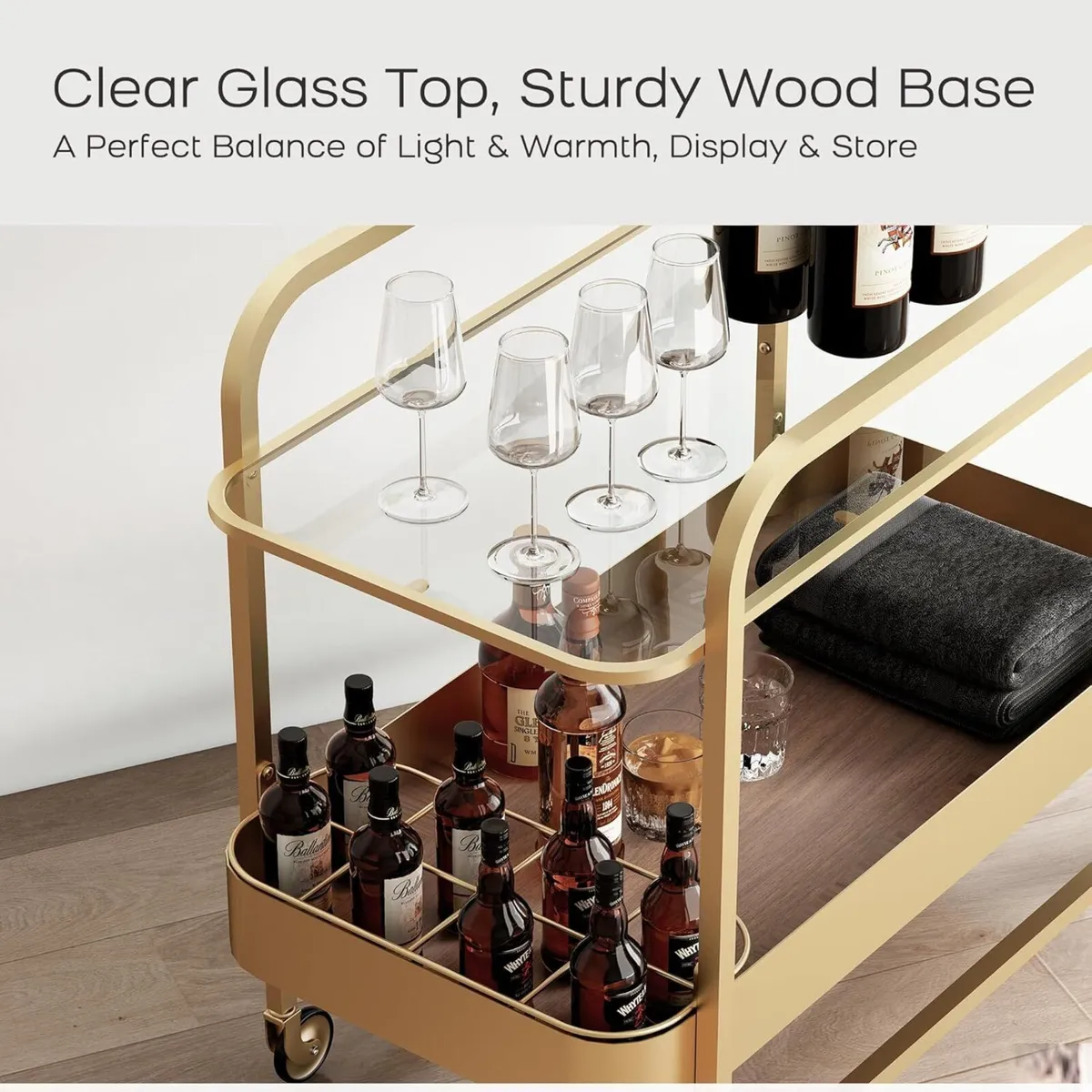 Bar Serving Cart with Tempered Glass Shelf 2-Tier - Image 4