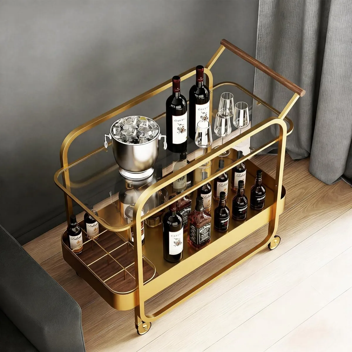Bar Serving Cart with Tempered Glass Shelf 2-Tier - Image 2