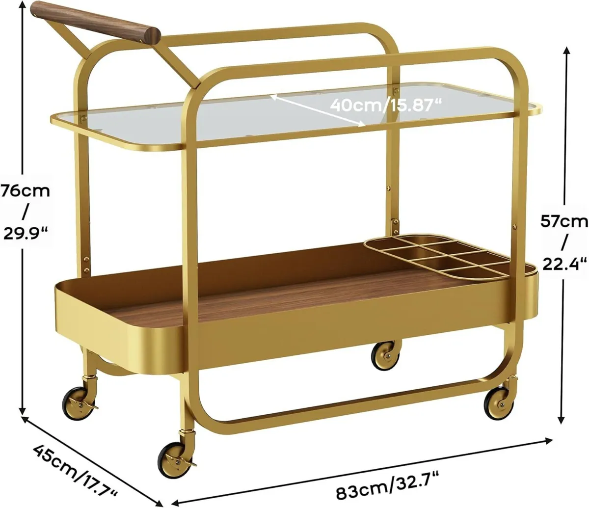 Bar Serving Cart with Tempered Glass Shelf 2-Tier - Image 3