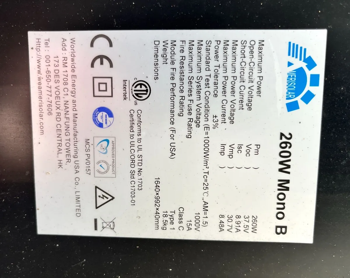 5x Amerisolar 260W Solar Panels - Excellent Cond. - Image 3