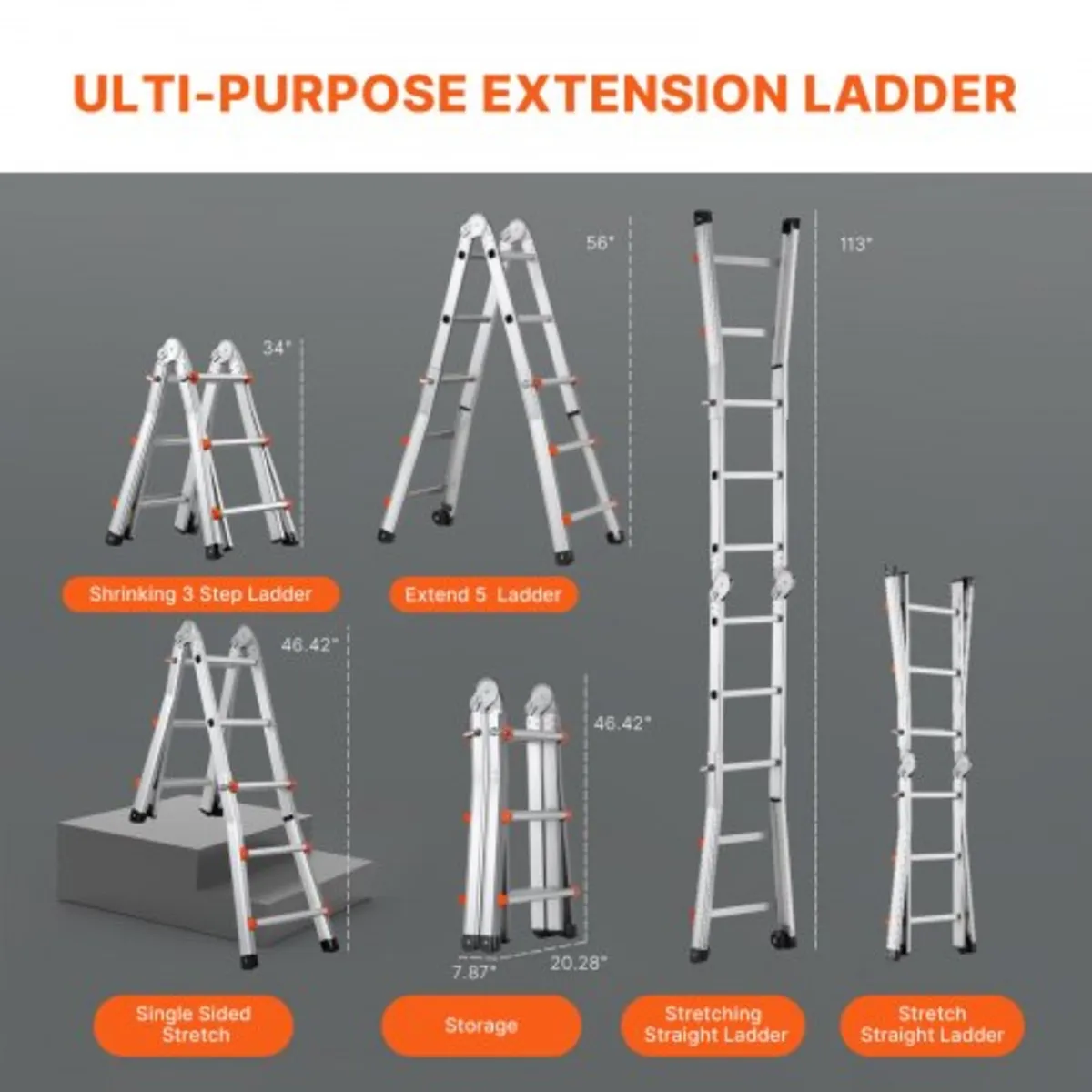 9.5 FT Compact Aluminum Extension Ladder, Multi-Fu - Image 4
