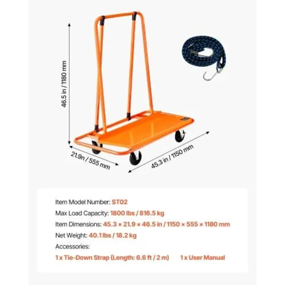 Drywall Cart Dolly, 816 kg Load Capacity, Steel Pa - Image 3