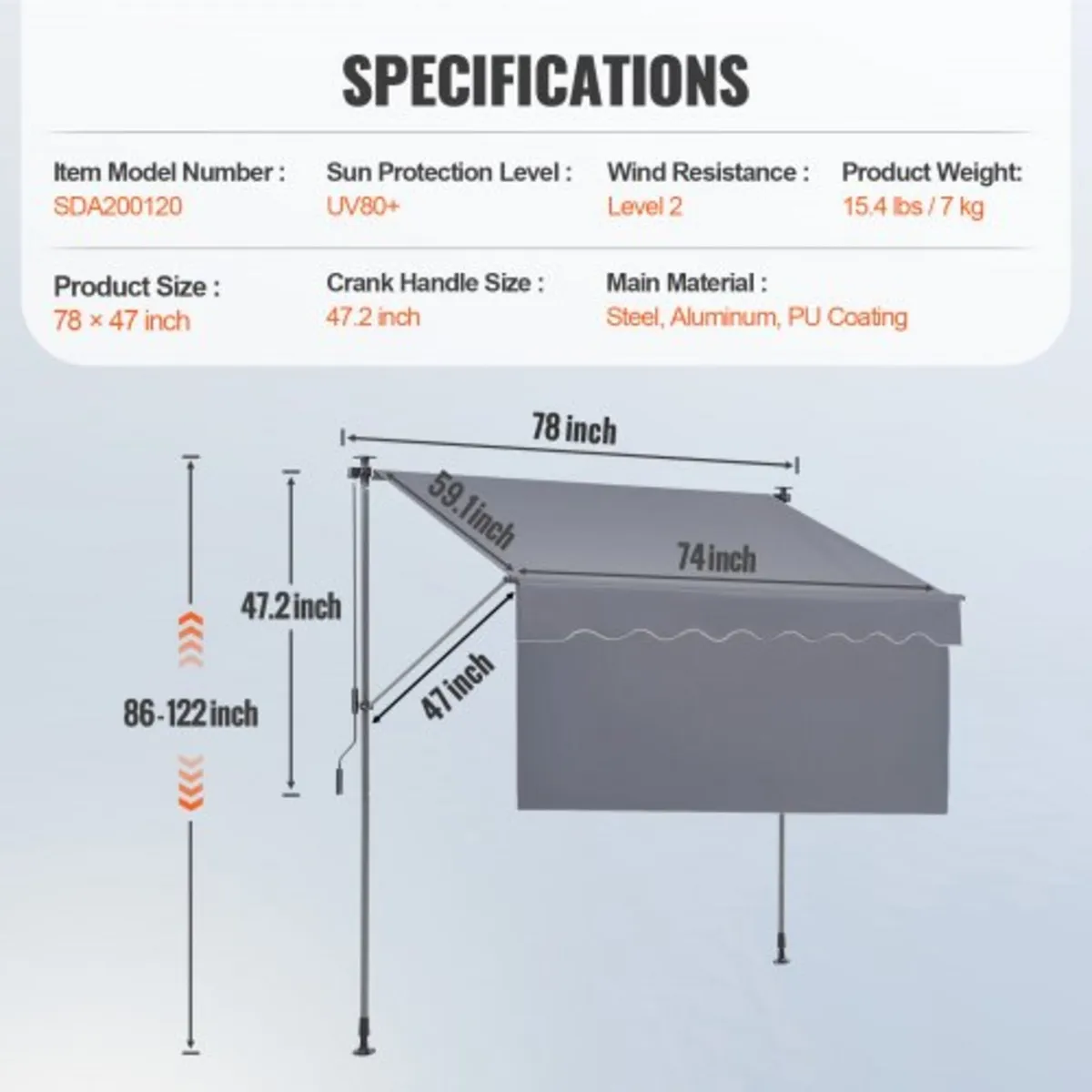 Retractable Awning, 78" Outdoor Retractable Patio - Image 4