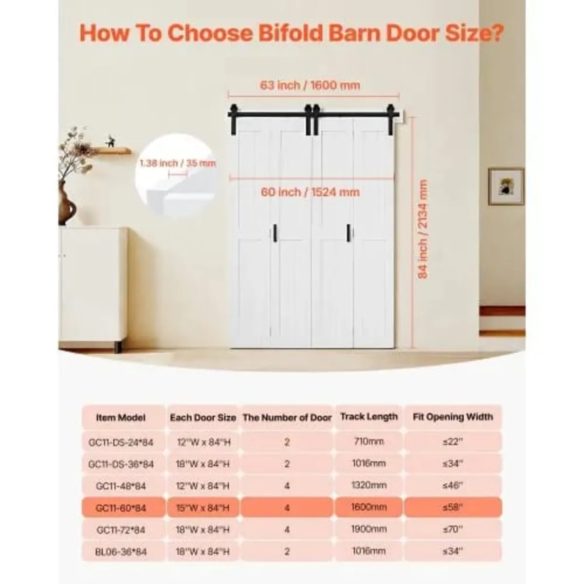 Bifold Barn Door, 1524 x 2134 mm, MDF Bi-Fold Slid - Image 2
