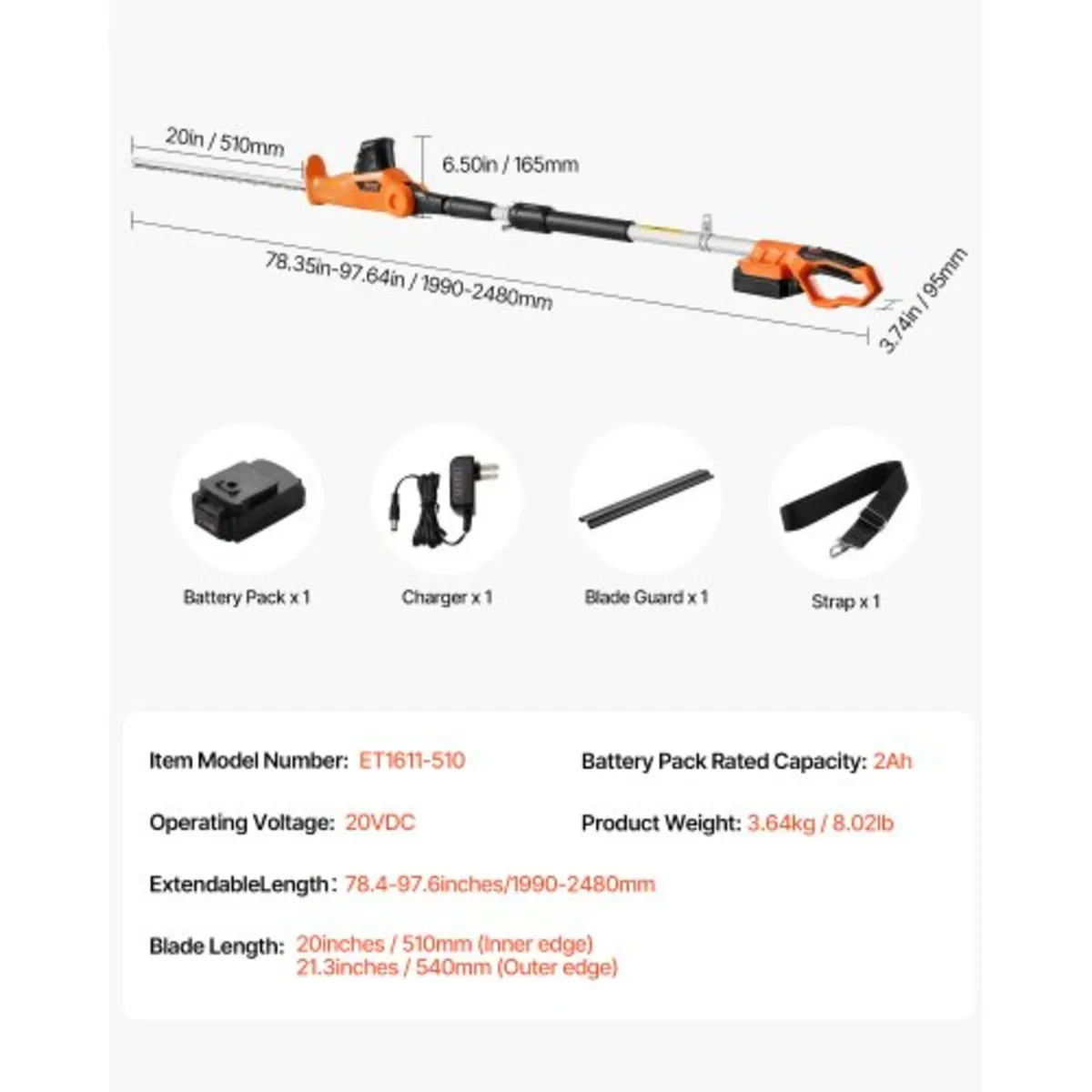 Electric Hedge Trimmer, 1200 RPM, 6.2 - 7.8 Ft Ext - Image 2