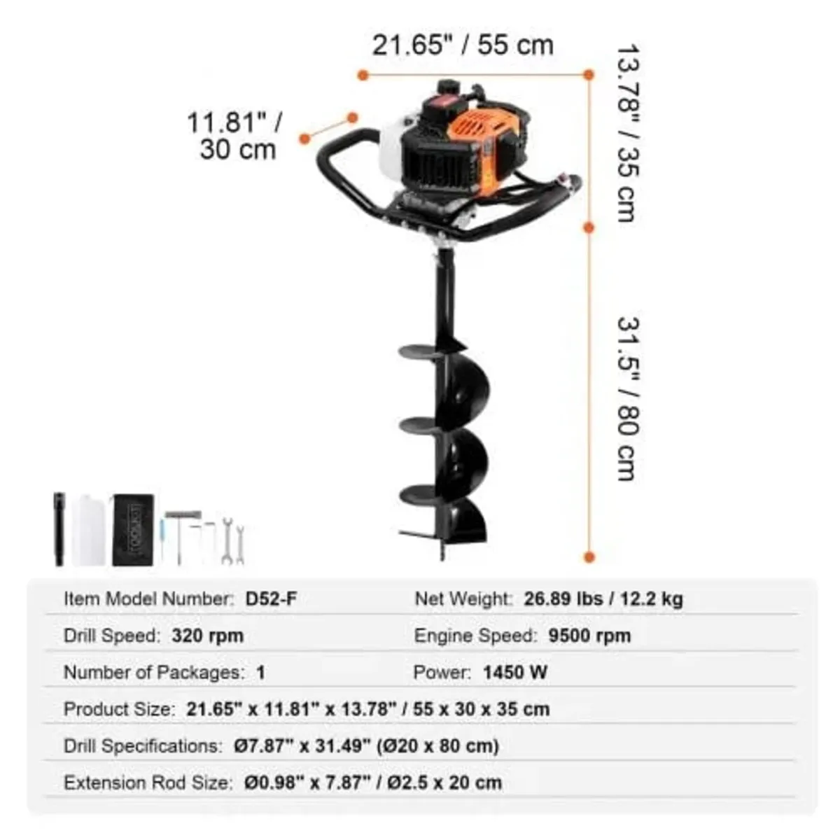 Post Hole Digger Gas Powered, 52CC 1450W Earth Aug - Image 4