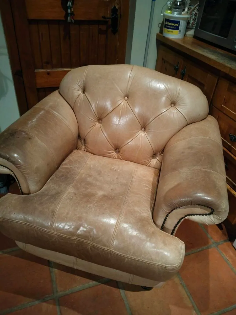 Tan leather large chair, great condition, no tares - Image 1