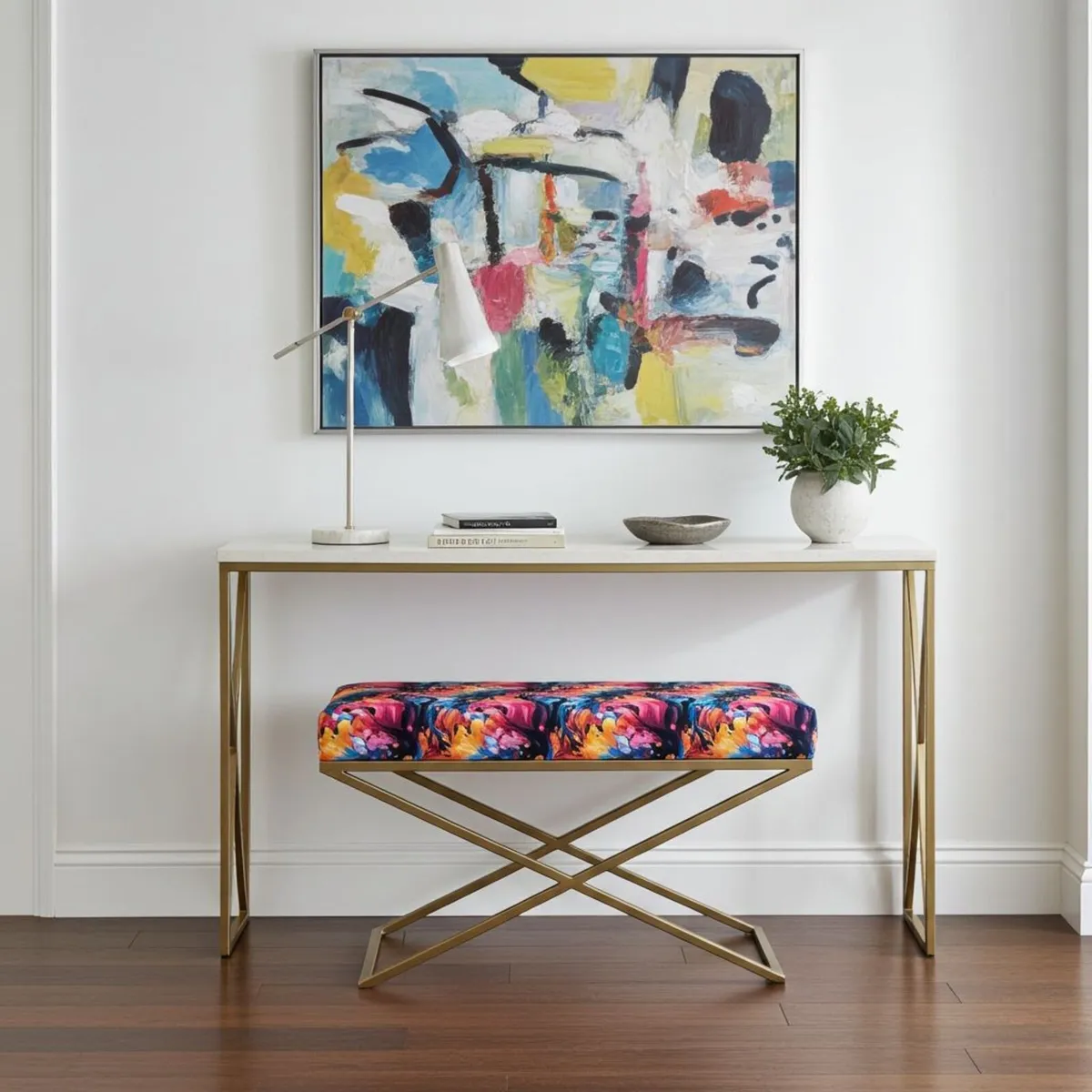 Metal-Framed X-Style Bench Floral Velvet with Gold - Image 3