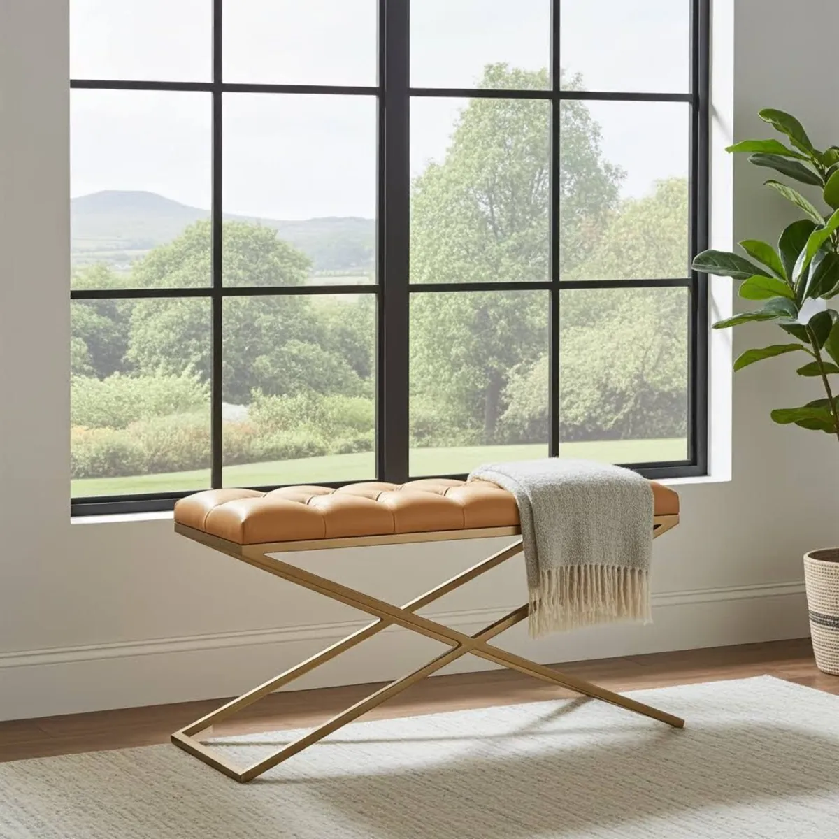 Ochre Velvet X-Frame Bench for Modern Homes - Image 4