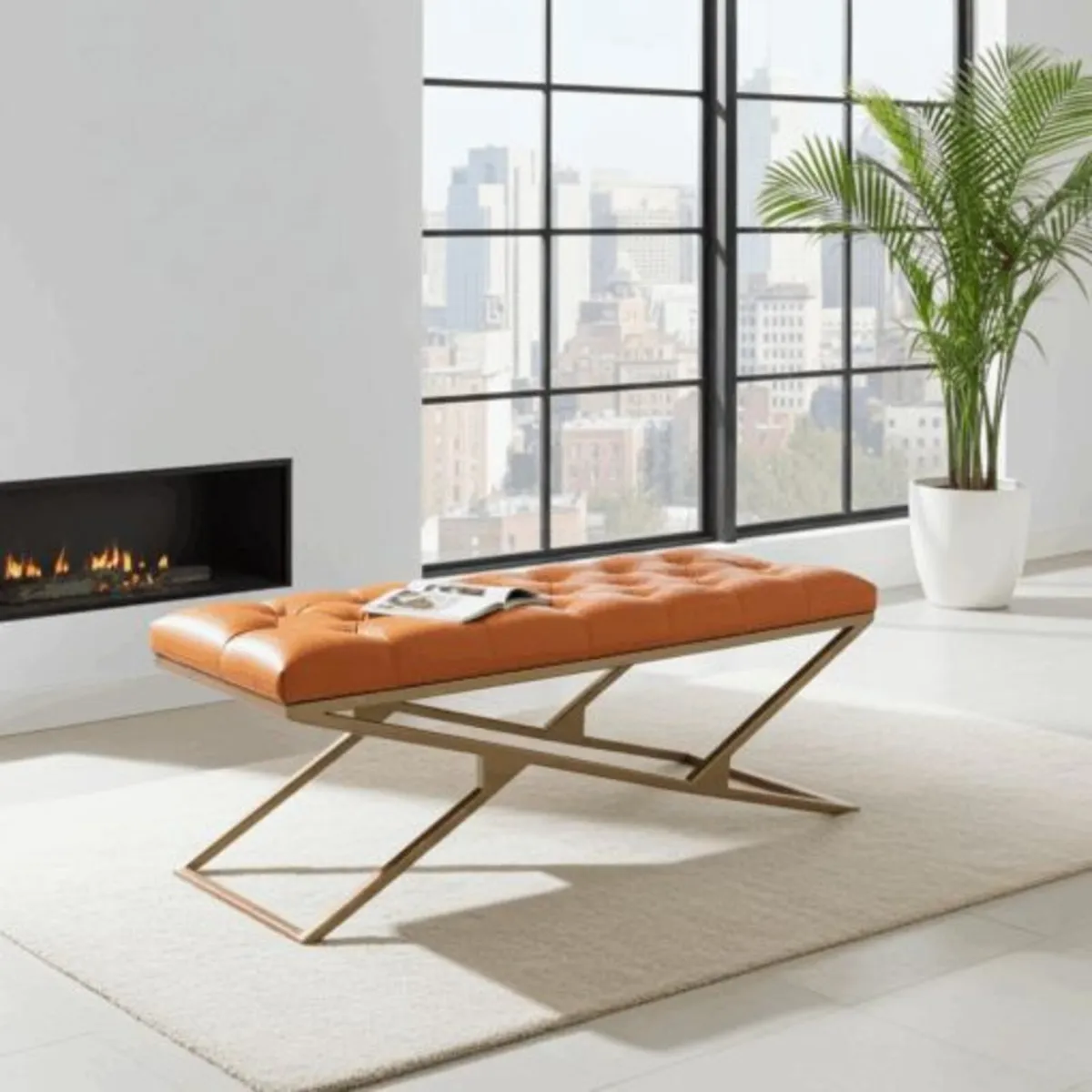 Ochre Velvet X-Frame Bench for Modern Homes - Image 1