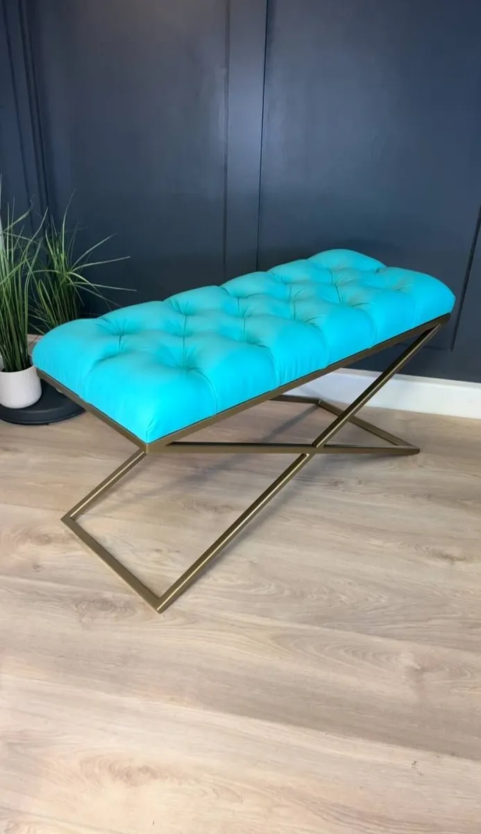 Aqua Velvet X-Frame Bench 100x40cm – Gold Metal - Image 1