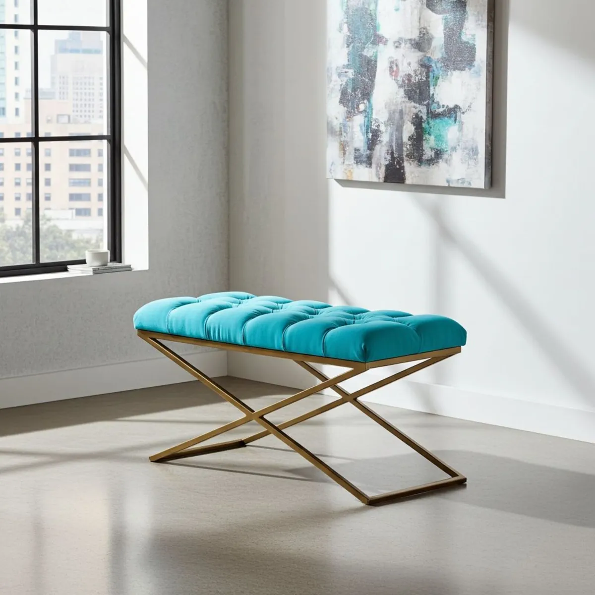 Aqua Velvet X-Frame Bench 100x40cm – Gold Metal - Image 2