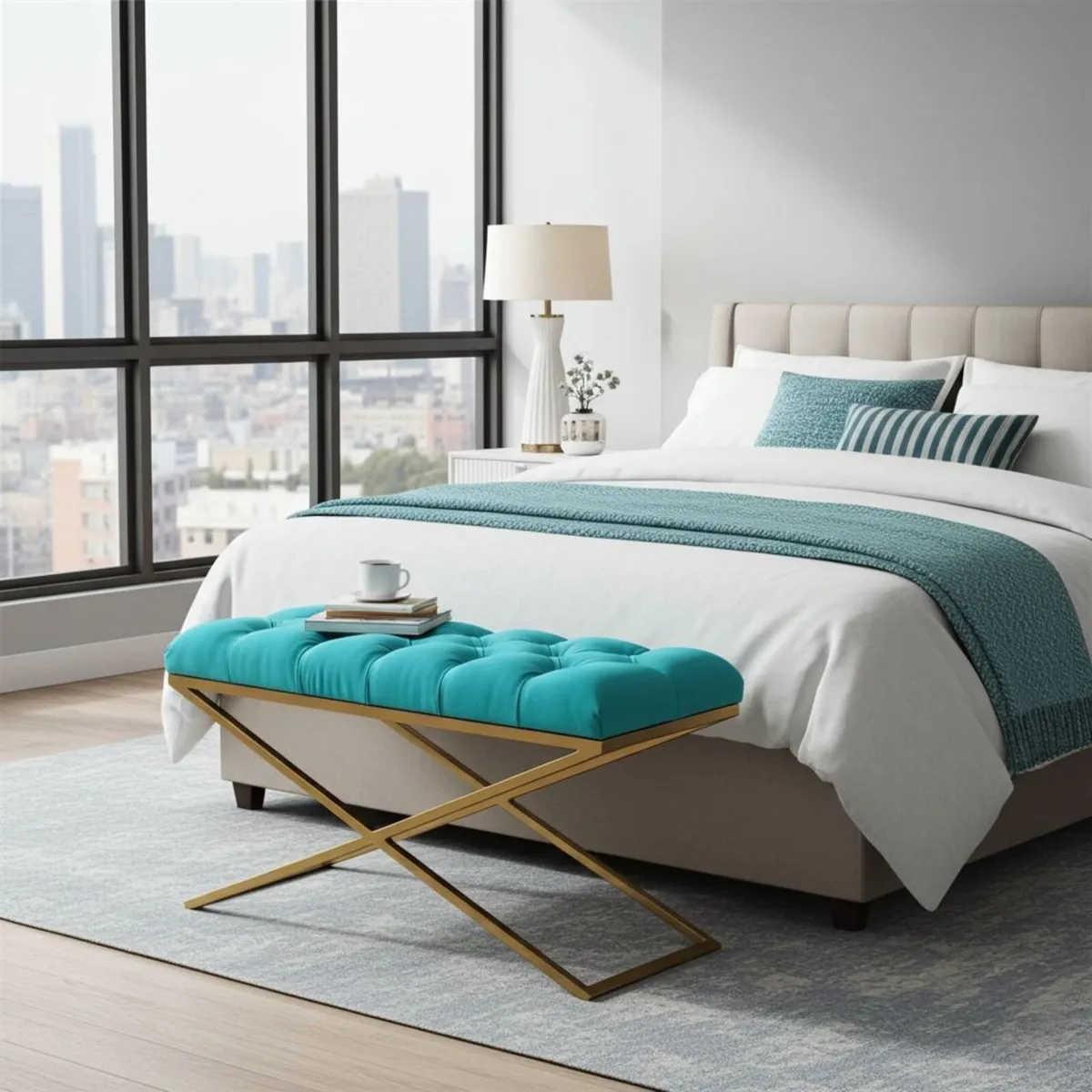 Aqua Velvet X-Frame Bench 100x40cm – Gold Metal - Image 3