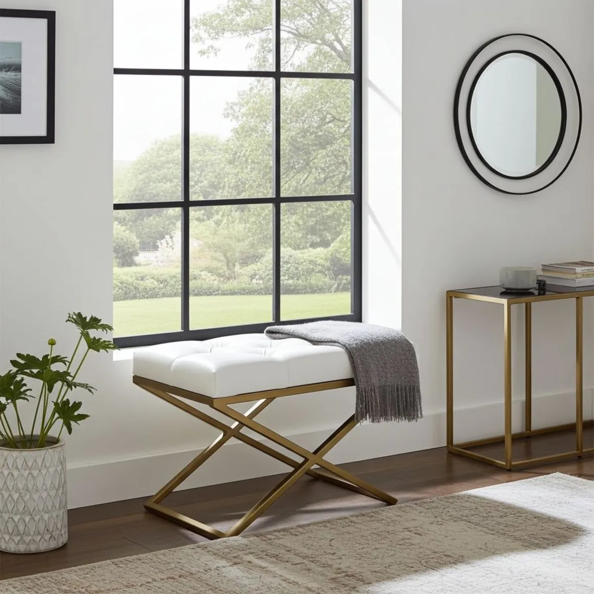 Modern Velvet Ottoman with Metal Frame - Image 1