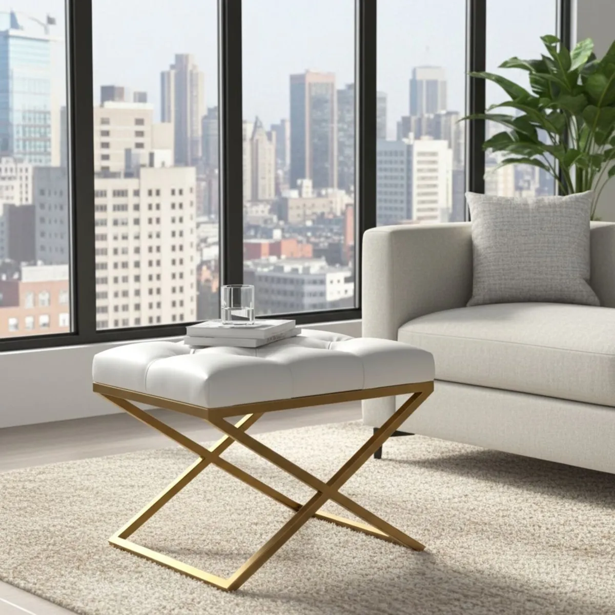 Modern Velvet Ottoman with Metal Frame - Image 2