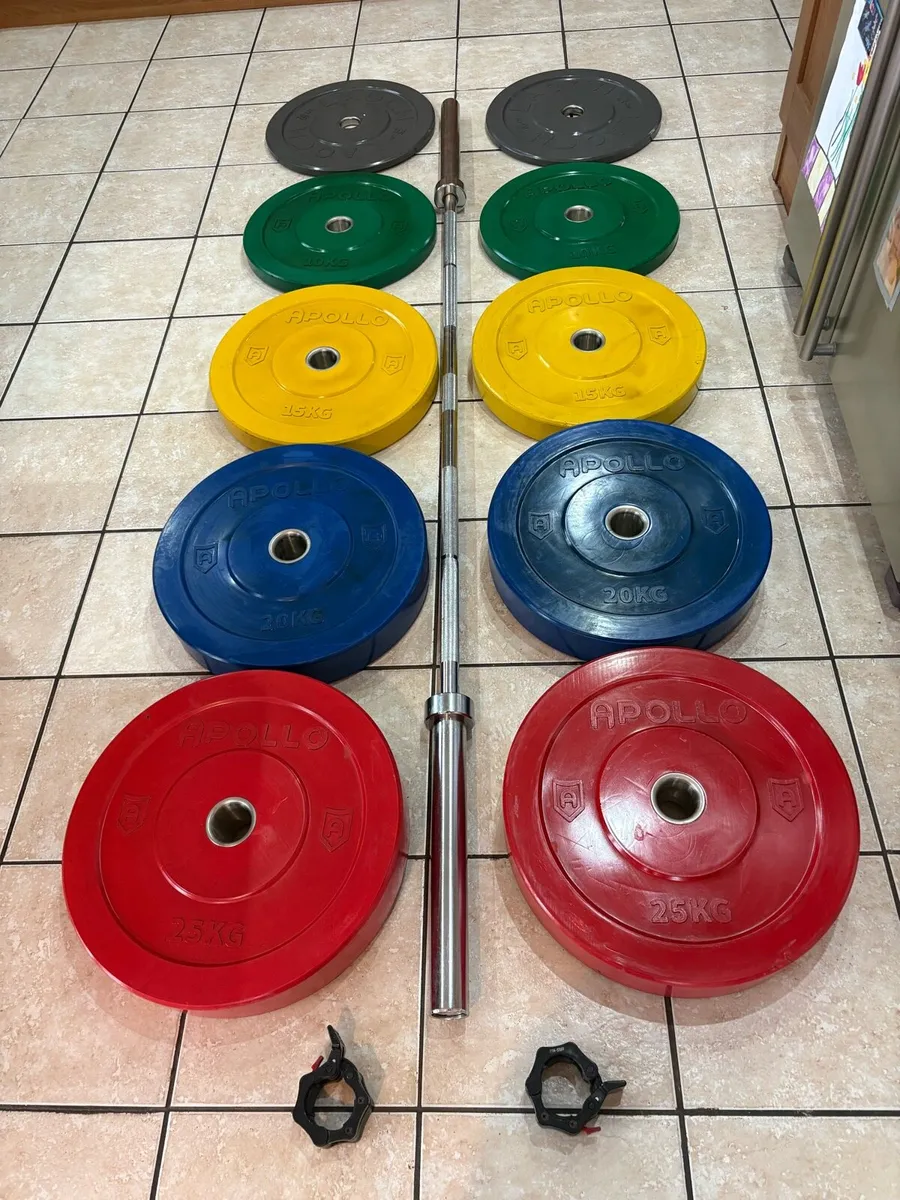 APOLLO BRANDED COLOUR OLYMPIC PLATES +7 Ft BARBELL