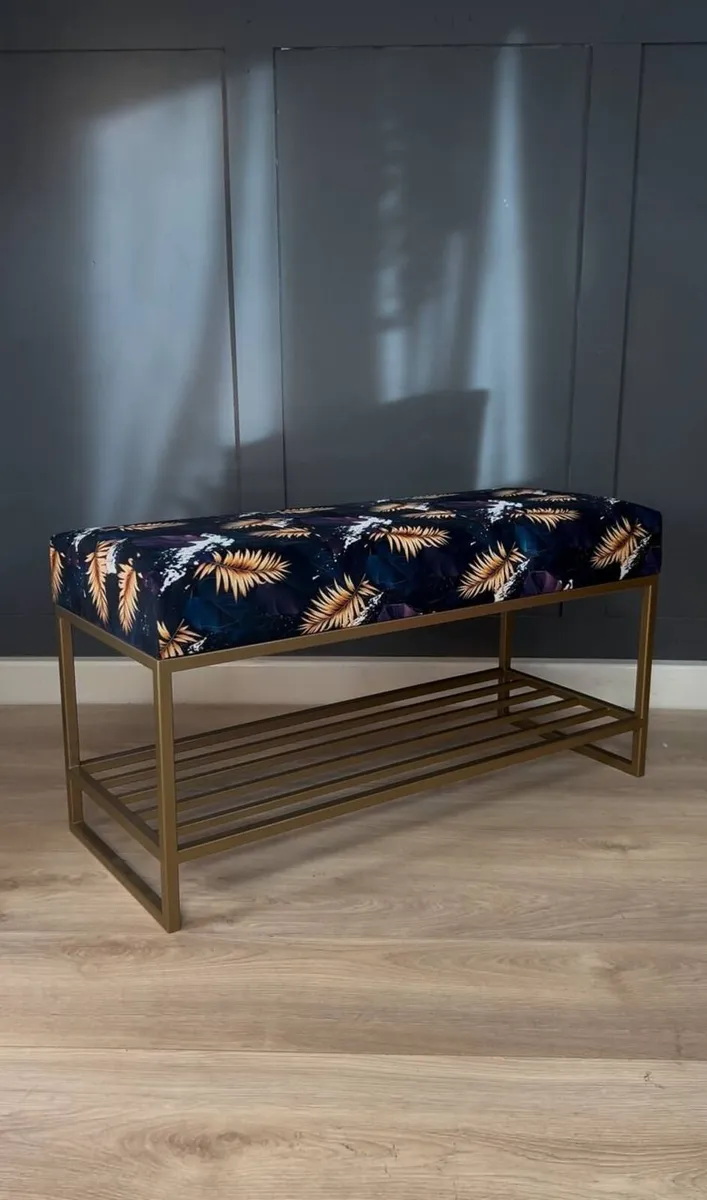 Mustard Eco-Leather Bench with Gold Metal Shoe Rac - Image 2