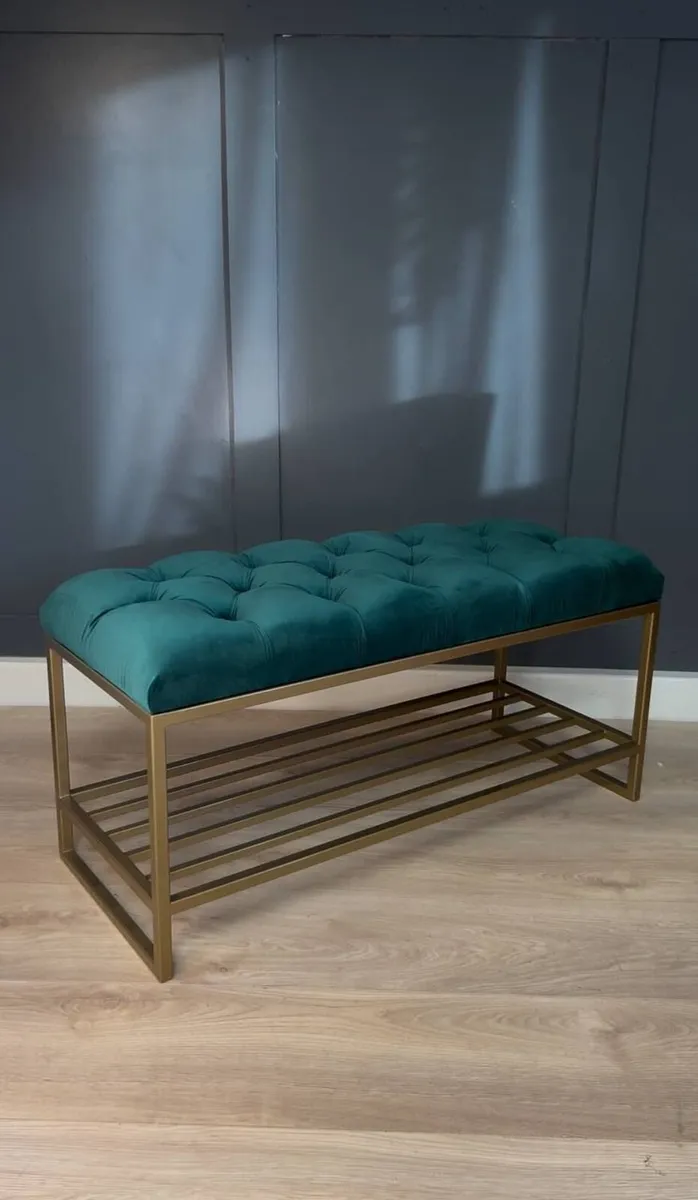 Mustard Eco-Leather Bench with Gold Metal Shoe Rac - Image 3