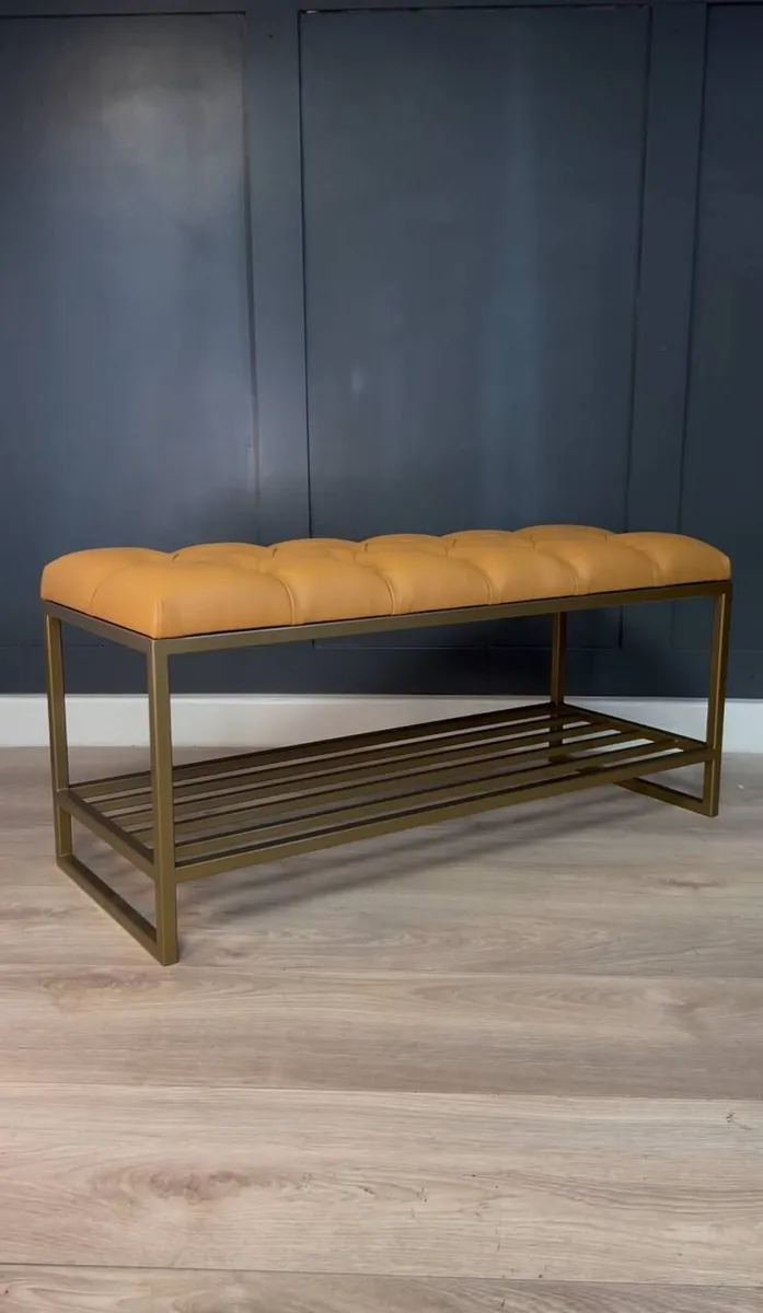 Mustard Eco-Leather Bench with Gold Metal Shoe Rac - Image 1