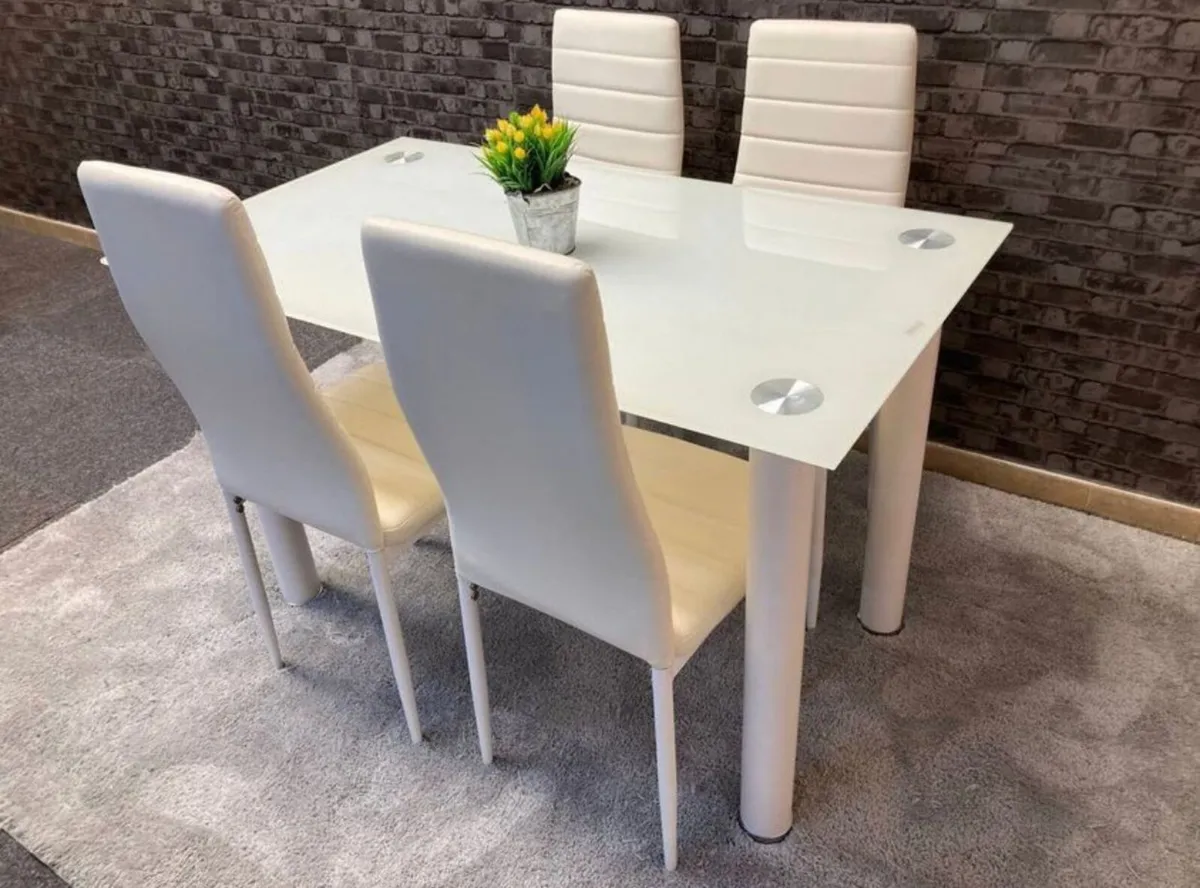 Compact Glass Dining Table Set Seats 4, White - Image 1