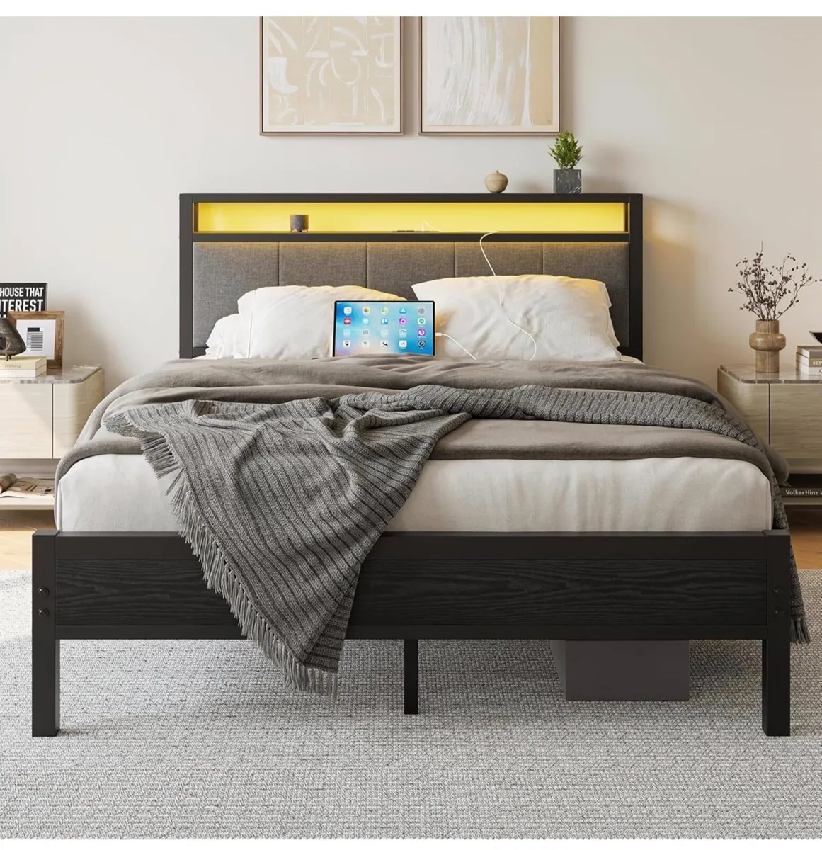 5FT King Size Bed Frame with LED Lights and Chargi - Image 1