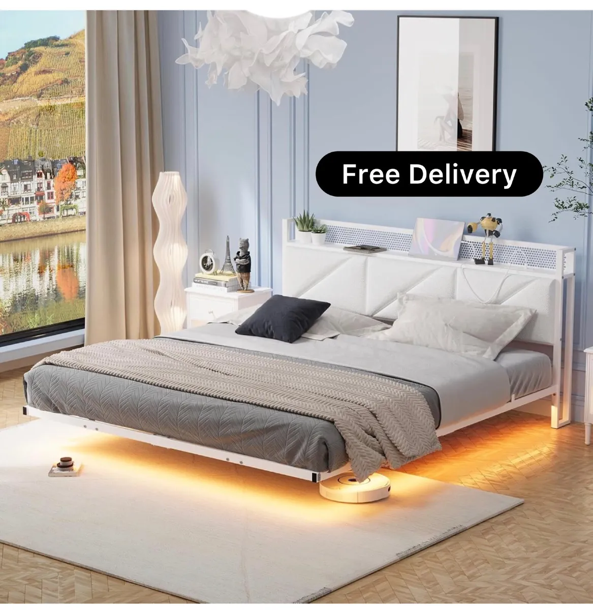 King Metal Bed Frame with LED Lights & USB Chargin - Image 1