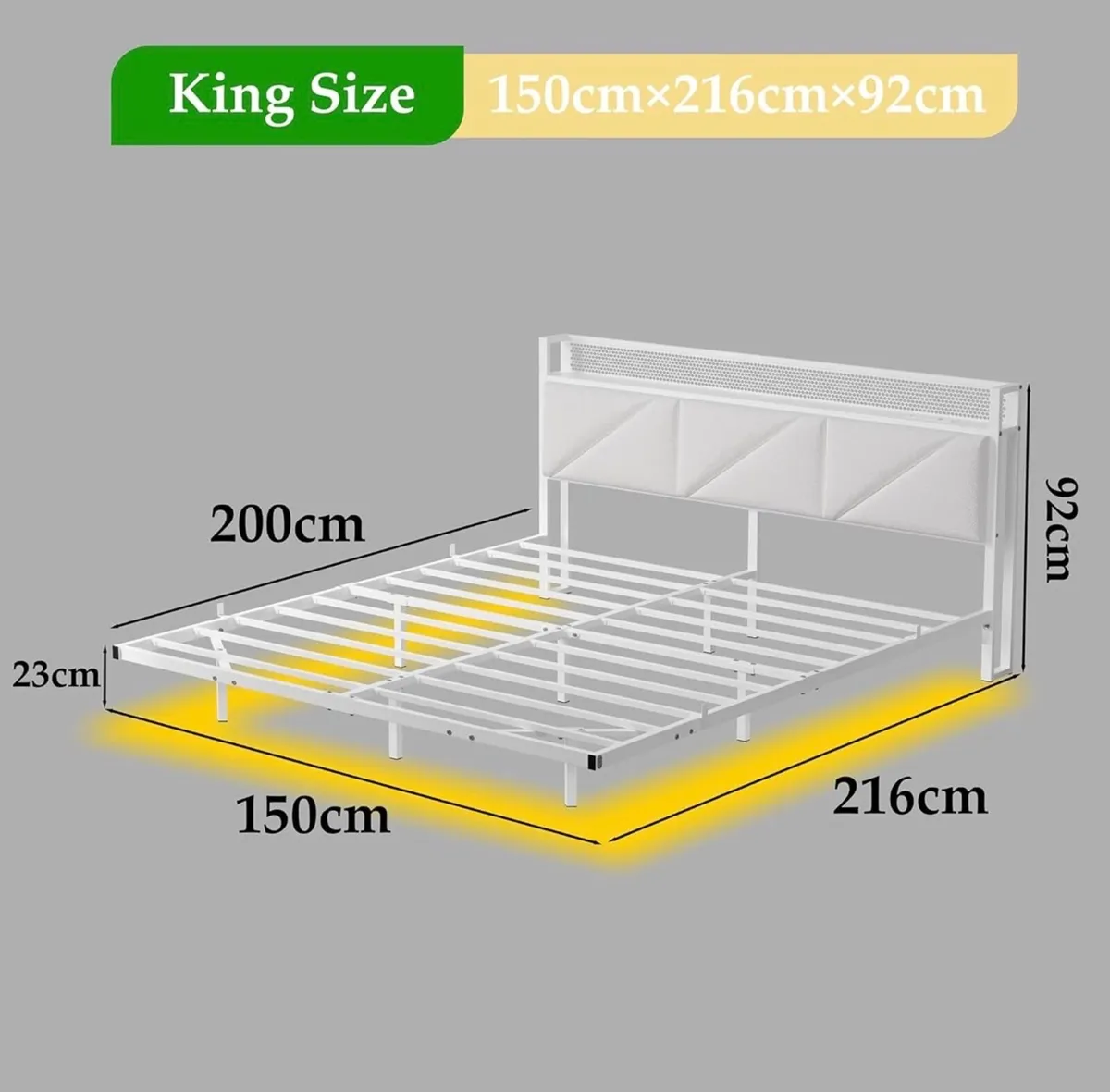 King Metal Bed Frame with LED Lights & USB Chargin - Image 3