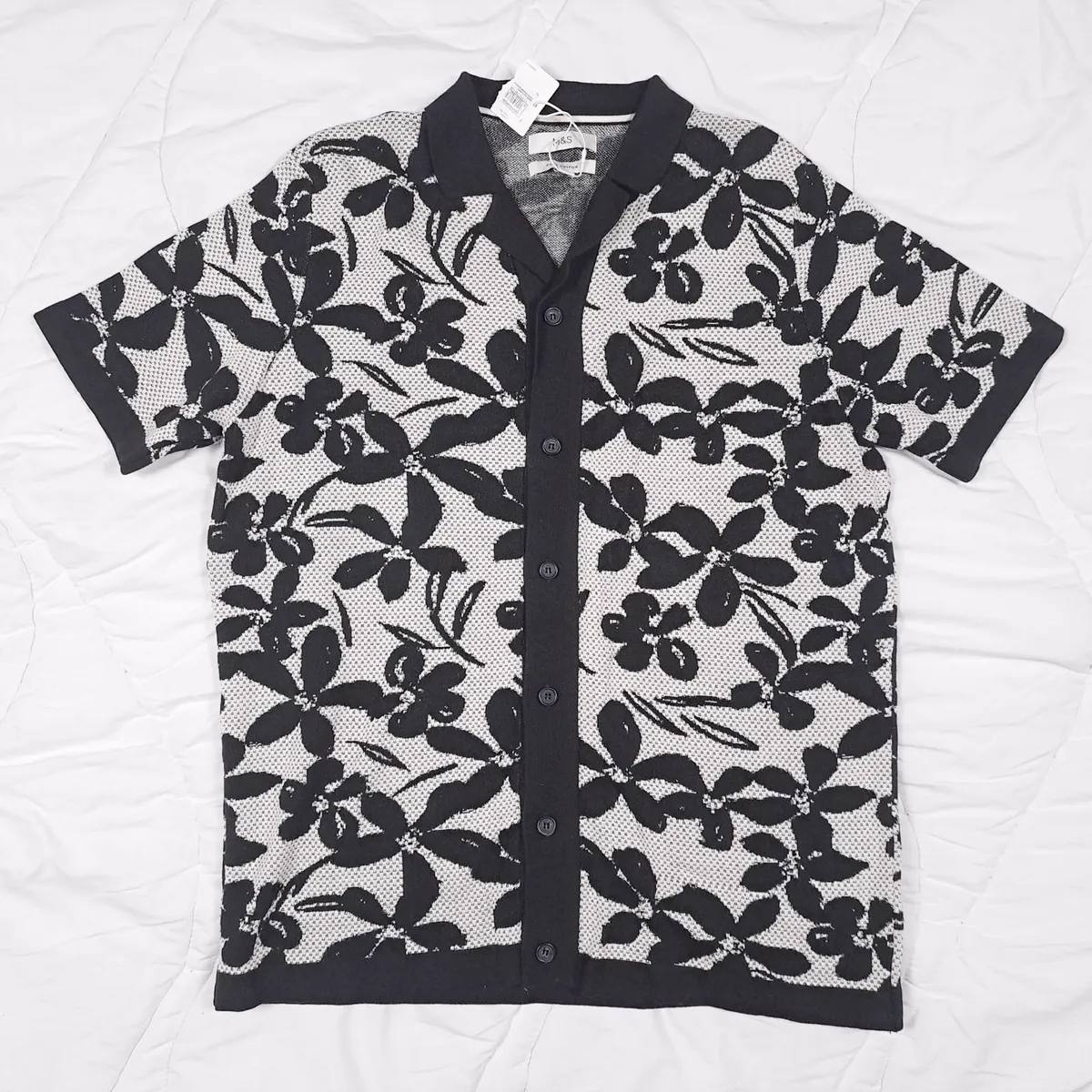 Marks & Spencer Black White Floral Polo Shirt L - Image 1
