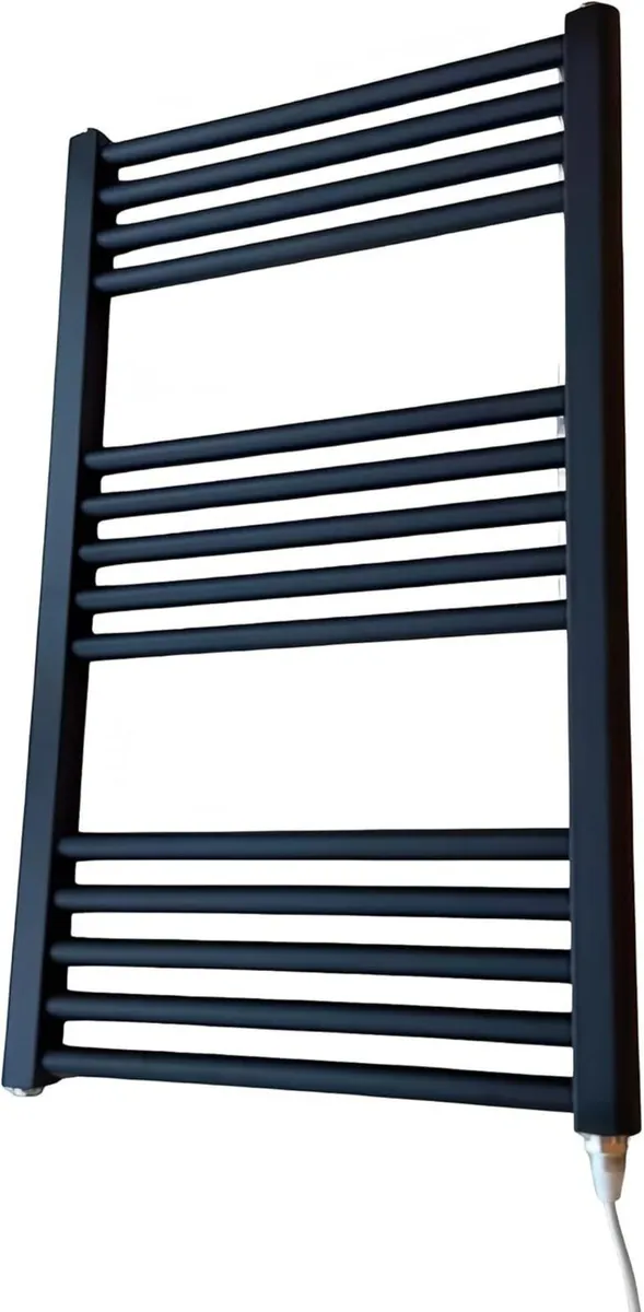 400w x 800h Black Electric Flat Heated Towel Rail - Image 1
