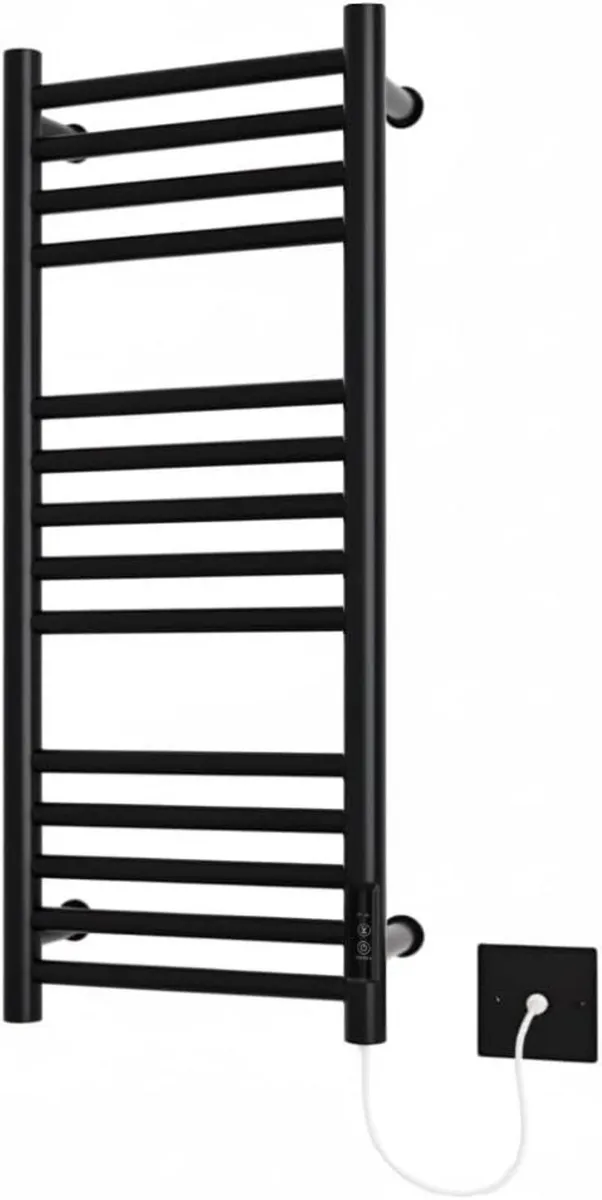 Black Electric Heated Towel Rail 300mm W x 720 H - Image 1