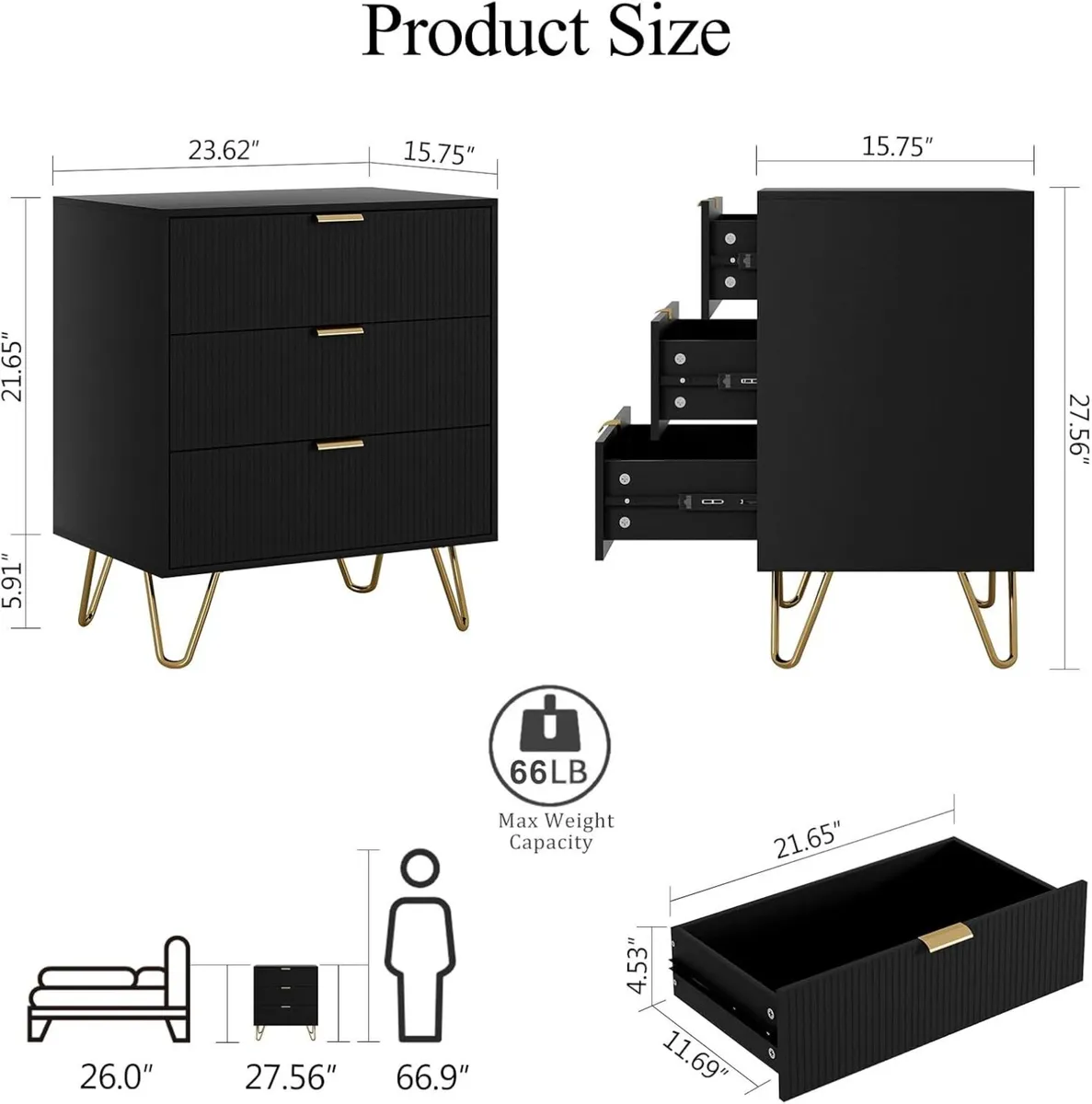 Bedside Table with 3 Drawers Chest of Bedroom - Image 2
