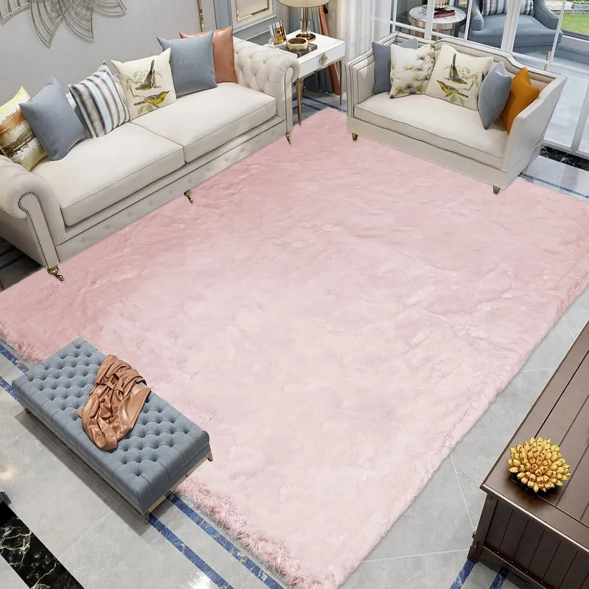 180 x 270cm Light Pink Faux Rabbit Fur Living - Image 1