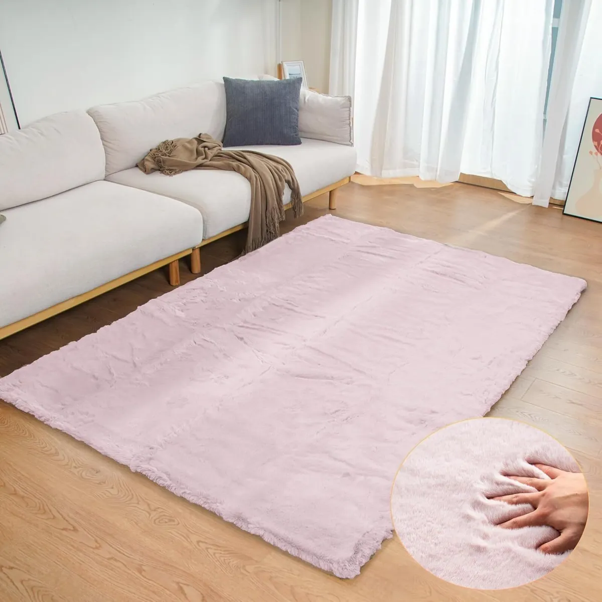 Pink Fuzzy Faux Rabbit Washable Fur Rug for Girls - Image 1