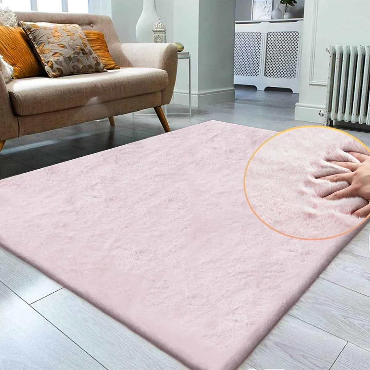 Pink Fuzzy Faux Rabbit Washable Fur Rug for Girls - Image 2