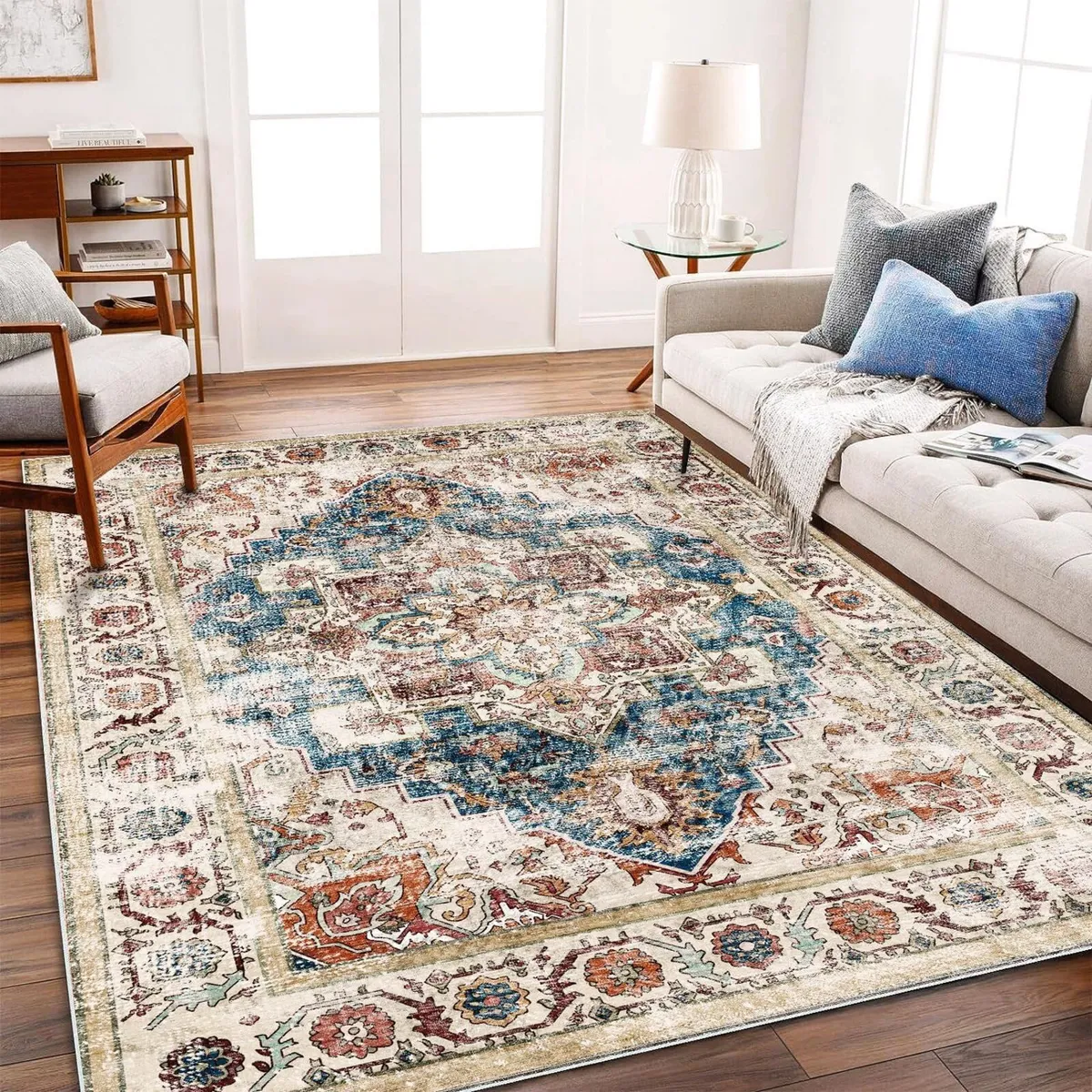 Washable Vintage Area Rug 6‘x9’ Boho Beige Blue - Image 1