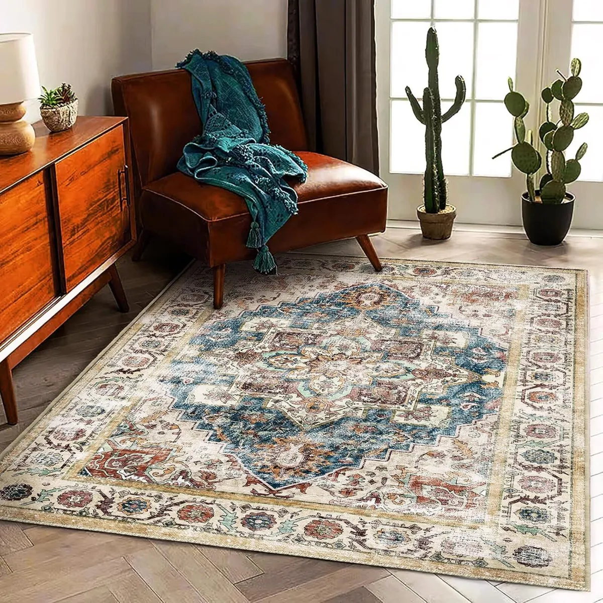 Washable Vintage Area Rug 6‘x9’ Boho Beige Blue - Image 3