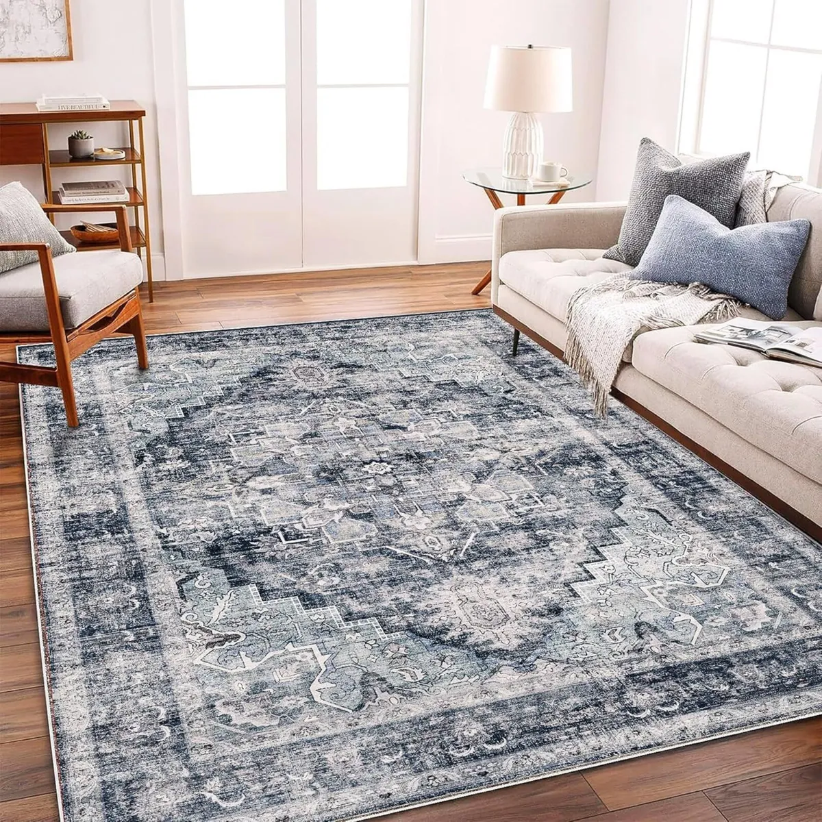 Area Rug 6'x9' Dark Blue Washable Vintage - Image 1