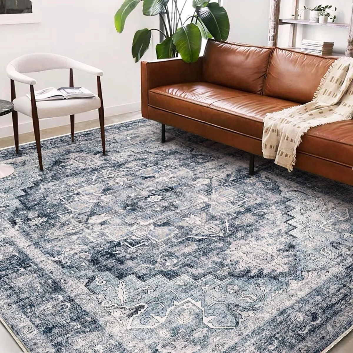 Area Rug 6'x9' Dark Blue Washable Vintage - Image 2