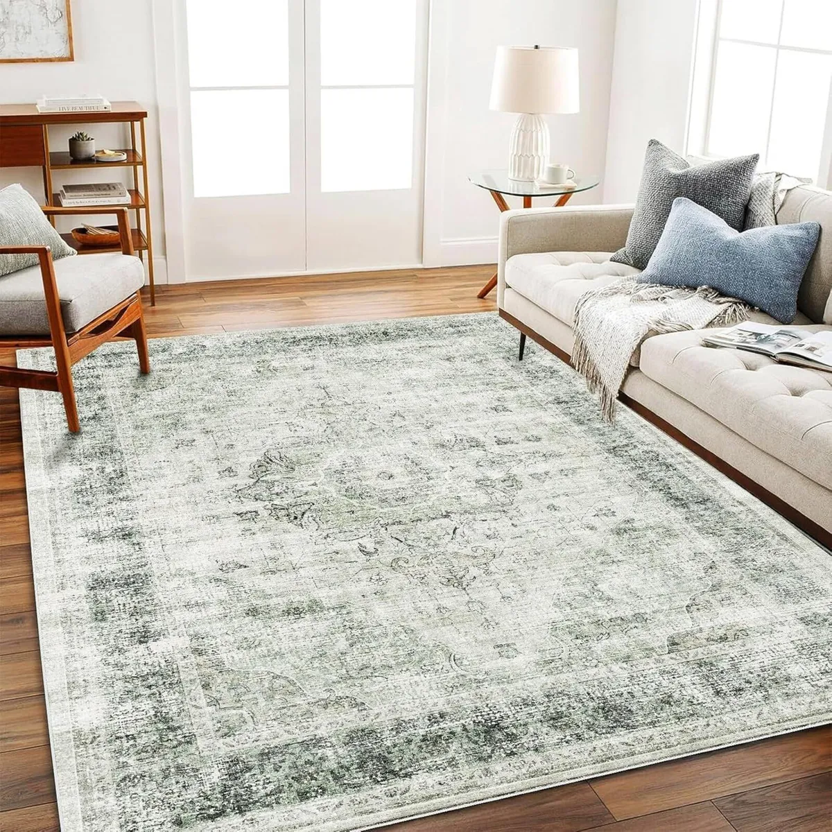 Area Rug 6'x9' Washable Floral Green Vintage - Image 2