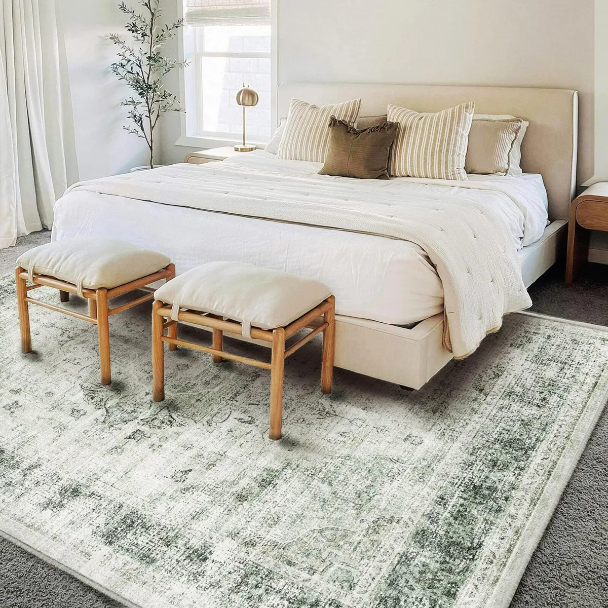 Area Rug 6'x9' Washable Floral Green Vintage - Image 3