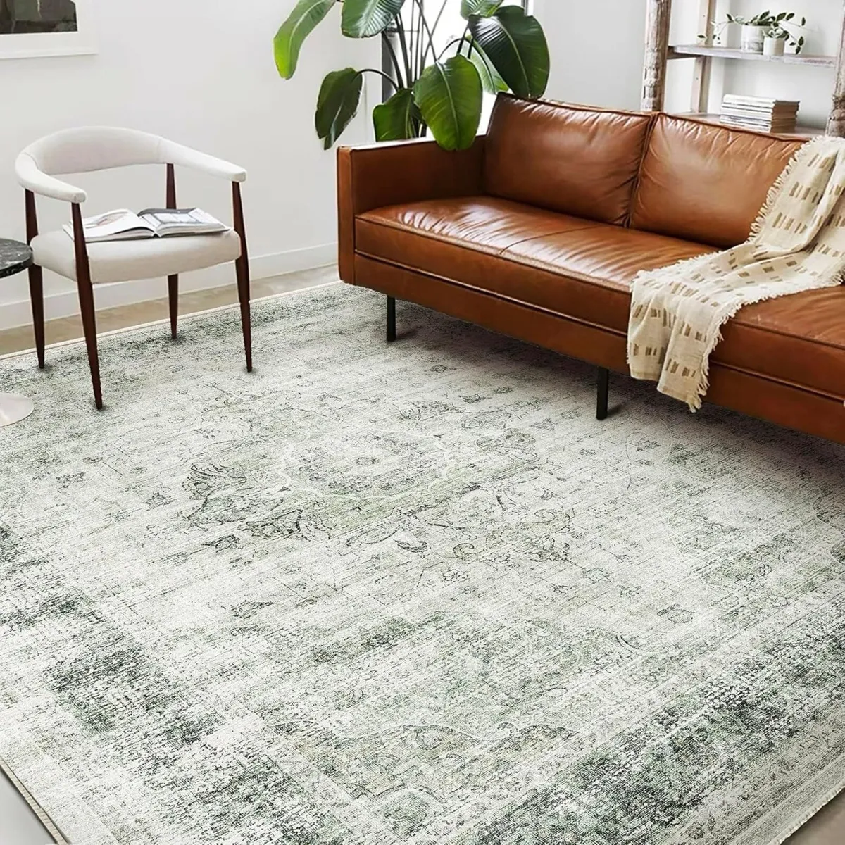 Area Rug 6'x9' Washable Floral Green Vintage - Image 1