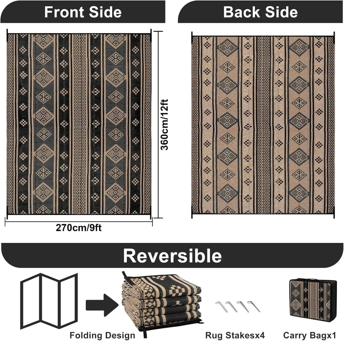 Outdoor Rug for Patio Waterproof 270x360 cm Black - Image 2
