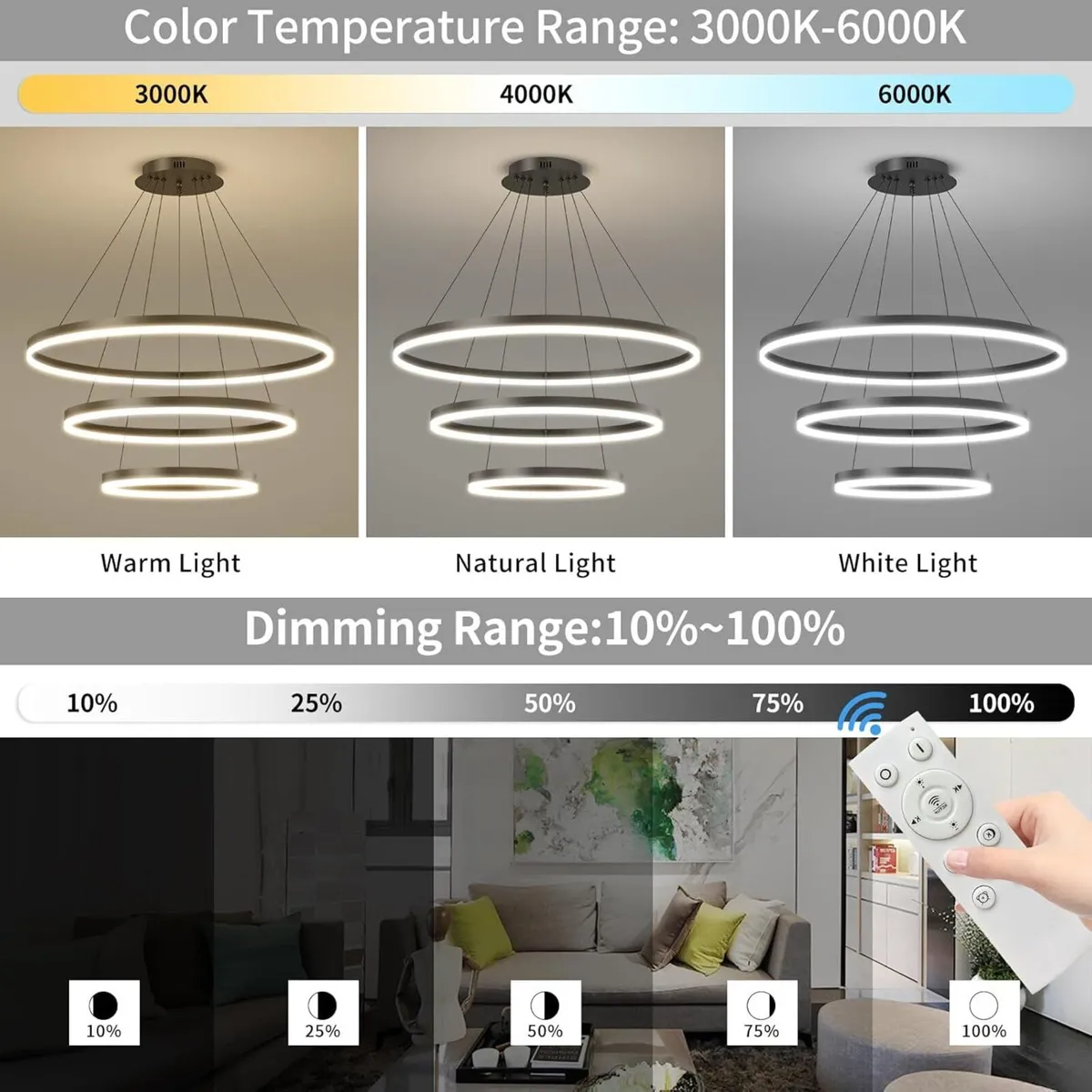 LED Modern Pendant Light Fixture 3 Ring Circular - Image 2