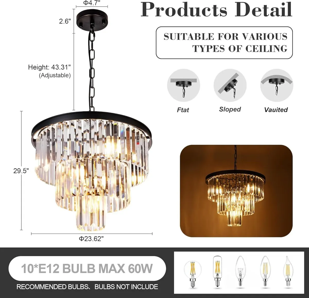 20 inch Crystal Chandelier 3-Tier Contemporary - Image 2