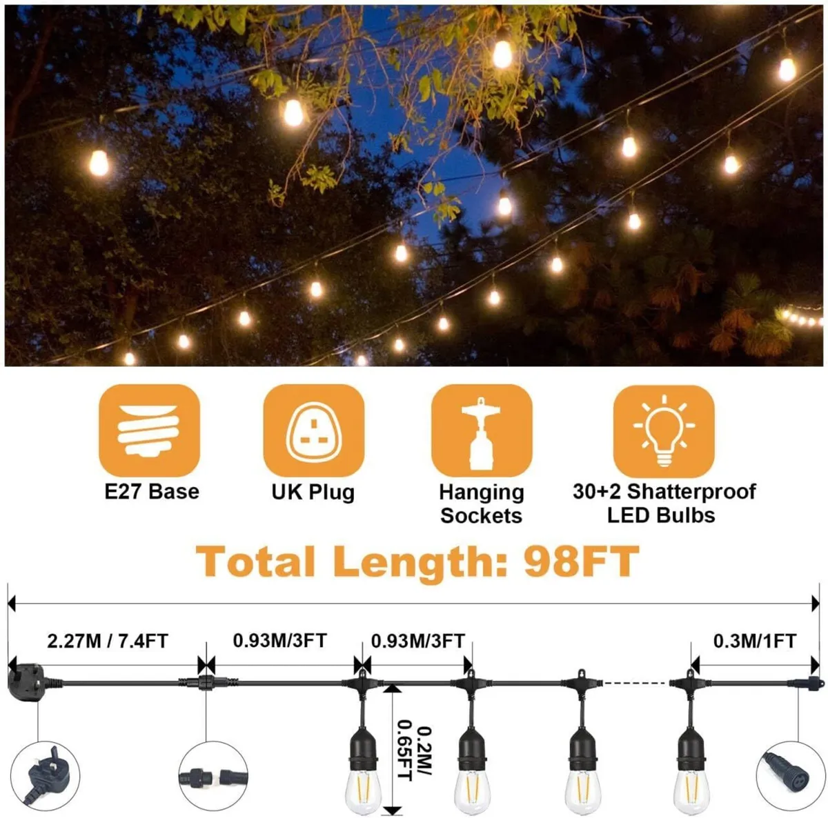 Outdoor String Lights 98FT LED Festoon 30 +2 - Image 2