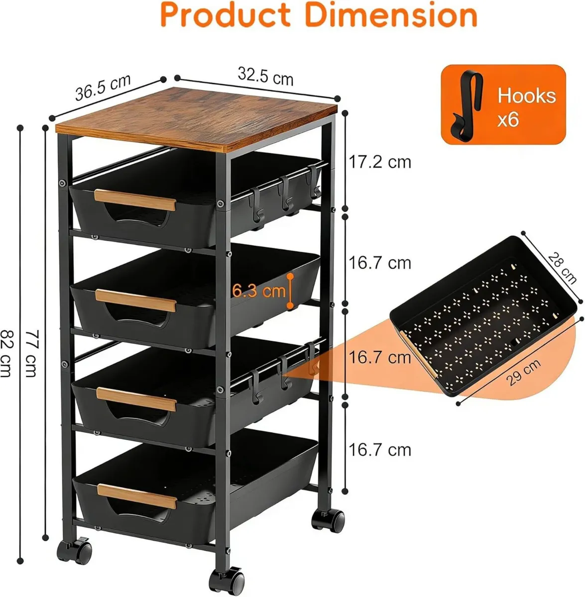 5-Tier Slim Storage Trolley on Wheels Metal - Image 3